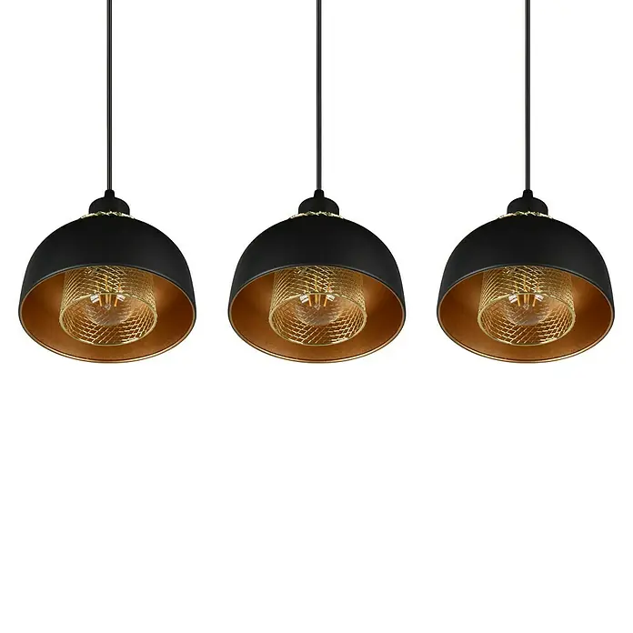 Reality Leuchten Punch Pendelleuchte - 120 W, L x B x H: 68 x 18 x 150 cm, Schwarz matt, E27 - Drei elegante, hängende Pendelleuchten mit schwarzen Lampenschirmen und goldenen Innenräumen, die warmes Licht spenden.