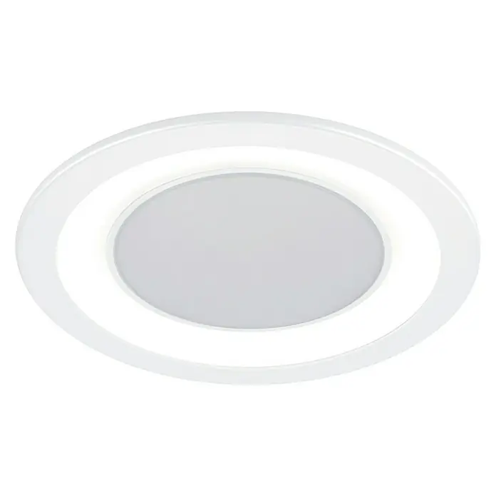Trio Lighting Downlight empotrable LED redondo Core - 10 W, Ø x Al: 14,8 x 3,3 cm, Blanco cálido, Blanco - Imagen de un plafón LED redondo blanco con un centro difuso gris sobre un fondo negro.