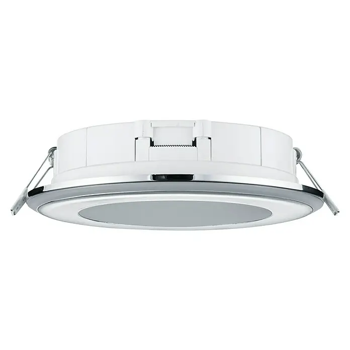 Trio Leuchten LED-Einbauleuchte rund AURA - 10 W, Ø x H: 14,8 x 3,8 cm, Chrom, Warmweiß - Nahaufnahme einer runden LED-Einbauleuchte mit silberfarbenem Rahmen und weißem Gehäuse vor schwarzem Hintergrund.