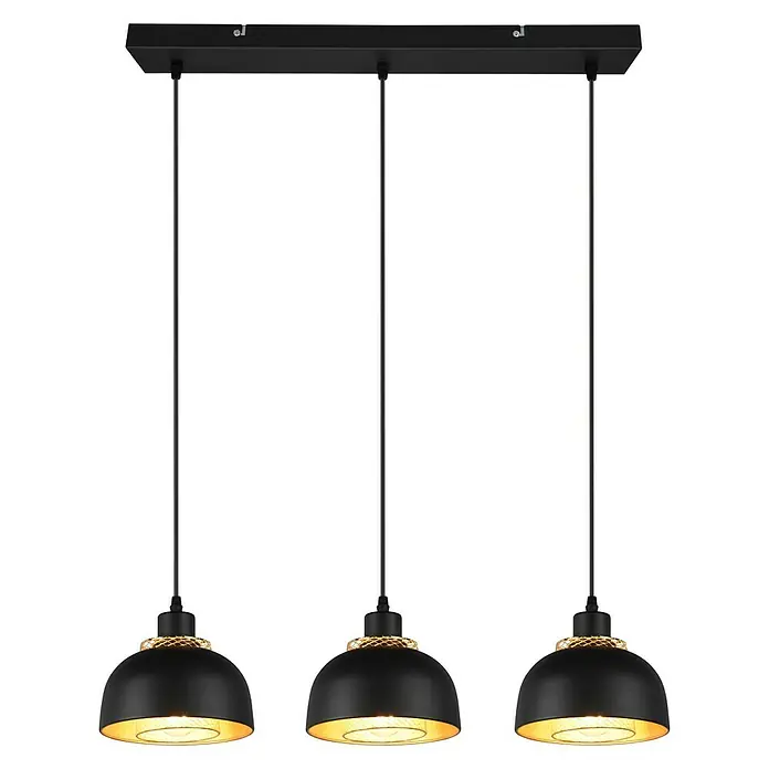Reality Leuchten Punch Pendelleuchte - 120 W, L x B x H: 68 x 18 x 150 cm, Schwarz matt, E27 - Elegante Hängelampe mit drei Leuchten. Die Lampe hat schwarze Schirme mit goldener Innenseite und eine moderne Optik.