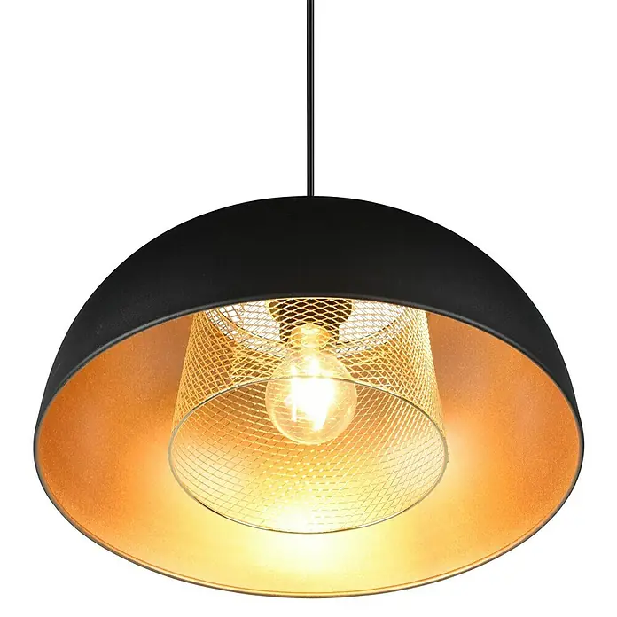 Reality Leuchten Punch Pendelleuchte - 40 W, Schwarz matt, E27 - Elegante Pendelleuchte mit schwarzem Schirm und goldenem Innendesign, die ein warmes, einladendes Licht verbreitet. Stilvolle Beleuchtung für jeden Raum.