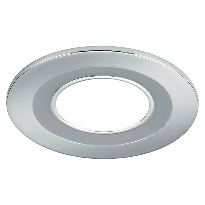 Trio Leuchten LED-Einbauleuchte rund CORE - 5 W, Ø x H: 82 x 3,5 cm, Warmweiß, Chrom - Nahaufnahme einer runden, versenkten LED-Deckenleuchte mit Chromumrandung und hellem, weißem Licht.