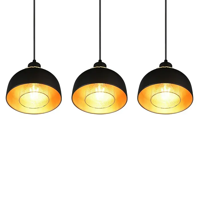Reality Leuchten Punch Pendelleuchte - 120 W, L x B x H: 68 x 18 x 150 cm, Schwarz matt, E27 - Drei moderne, schwarze Hängelampen mit goldenem Innenleben spenden warmes Licht und setzen elegante Akzente in jedem Raum.