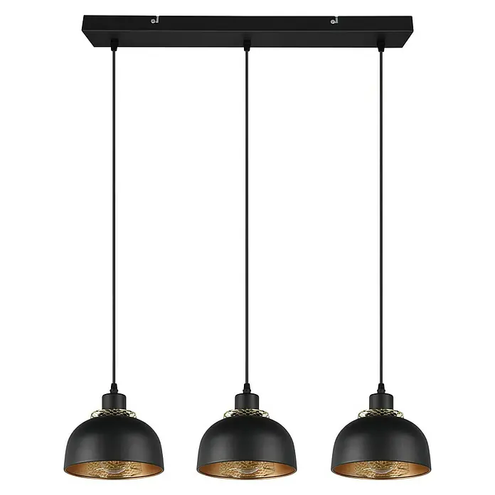 Reality Leuchten Punch Pendelleuchte - 120 W, L x B x H: 68 x 18 x 150 cm, Schwarz matt, E27 - Pendelleuchte mit drei Lampenschirmen in Schwarz und Gold, ideal für Esszimmer oder Kücheninseln. Stilvolle Beleuchtung für Ihr Zuhause.