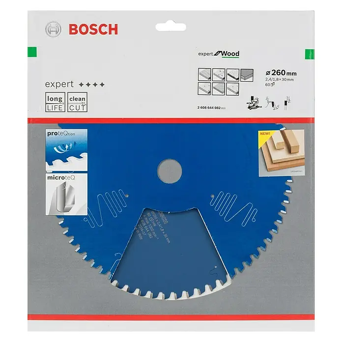 Bosch Kreissägeblatt Expert for Wood - 260 mm, Bohrung: 30 mm, Anzahl Zähne: 60 Stk. - Abbildung einer Bosch Expert Holzsägeblatts mit 260 mm Durchmesser, ideal für saubere und präzise Schnitte in Holz.