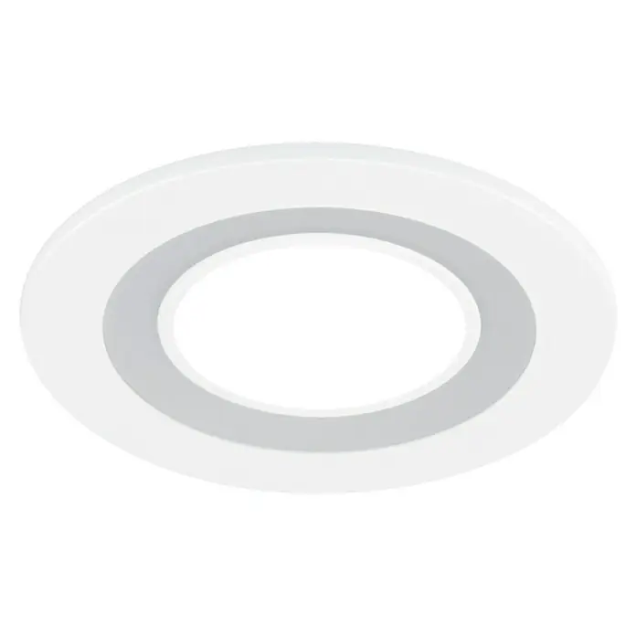 Trio Leuchten LED-Einbauleuchte rund CORE - 5 W, Ø x H: 82 x 3,5 cm, Warmweiß, Weiß - Nahaufnahme einer runden, weißen LED-Deckenleuchte mit einem grauen Ring um das Lichtelement.