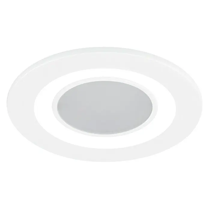 Trio Leuchten LED-Einbauleuchte rund CORE - 5 W, Ø x H: 82 x 3,5 cm, Warmweiß, Weiß - Nahaufnahme einer runden, weißen LED-Deckenleuchte mit einem diffusen, zentralen Lichtbereich vor einem schwarzen Hintergrund.