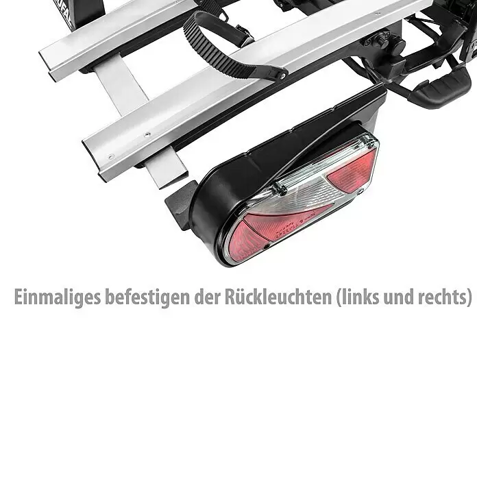 Eufab Fahrradträger Finch 3 - Geeignet für: 3 Fahrräder, Traglast: 60 kg - Silberner Fahrradträger mit schwarzer Heckleuchte und Riemen. Zeigt die Leuchtenbefestigung.