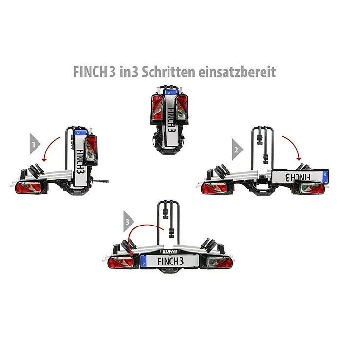 Eufab Fahrradträger Finch 3 - Geeignet für: 3 Fahrräder, Traglast: 60 kg - Das Bild zeigt den EUFAB Finch 3 Fahrradträger in drei Schritten einsatzbereit gemacht, um Fahrräder sicher zu transportieren.