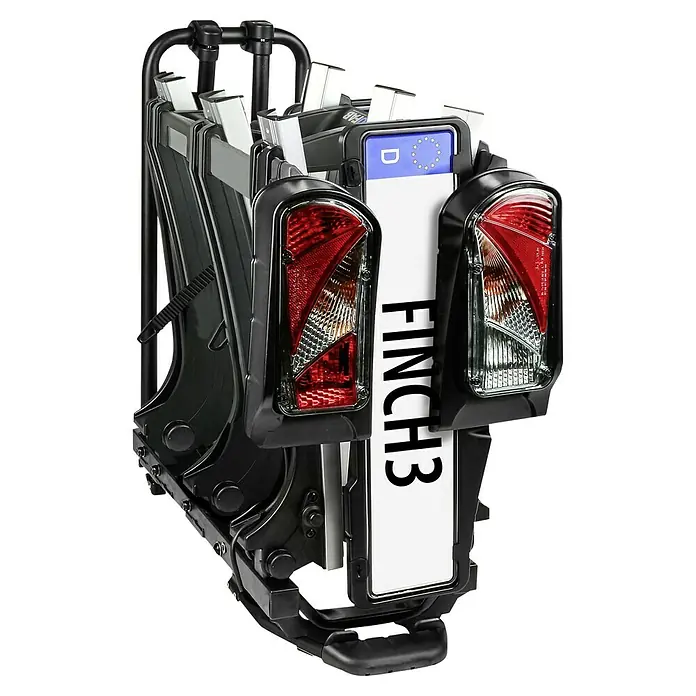 Eufab Fahrradträger Finch 3 - Geeignet für: 3 Fahrräder, Traglast: 60 kg - Produktansicht eines Finch Fahrradträgers mit Kennzeichen und Rückleuchten, ideal für den sicheren Transport von Fahrrädern am Auto.