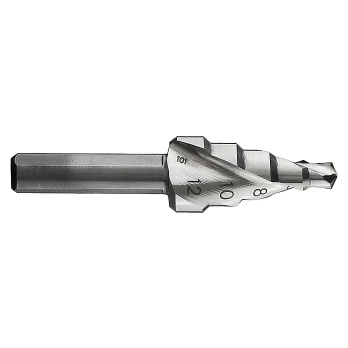 Bosch Stufenbohrer HSS - Durchmesser: 4 mm - 12 mm - Abgestufter Spiralbohrer mit spiralförmigen Schneiden und Größenmarkierungen, ideal zum Bohren verschiedener Lochgrößen.