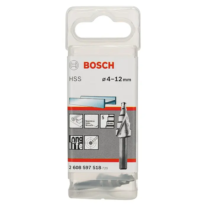 Bosch Stufenbohrer HSS - Durchmesser: 4 mm - 12 mm - Bosch HSS Stufenbohrer Ø4-12mm im Blister. Ideal zum Bohren von Edelstahl, mit langer Lebensdauer und präzisen Bohrergebnissen.