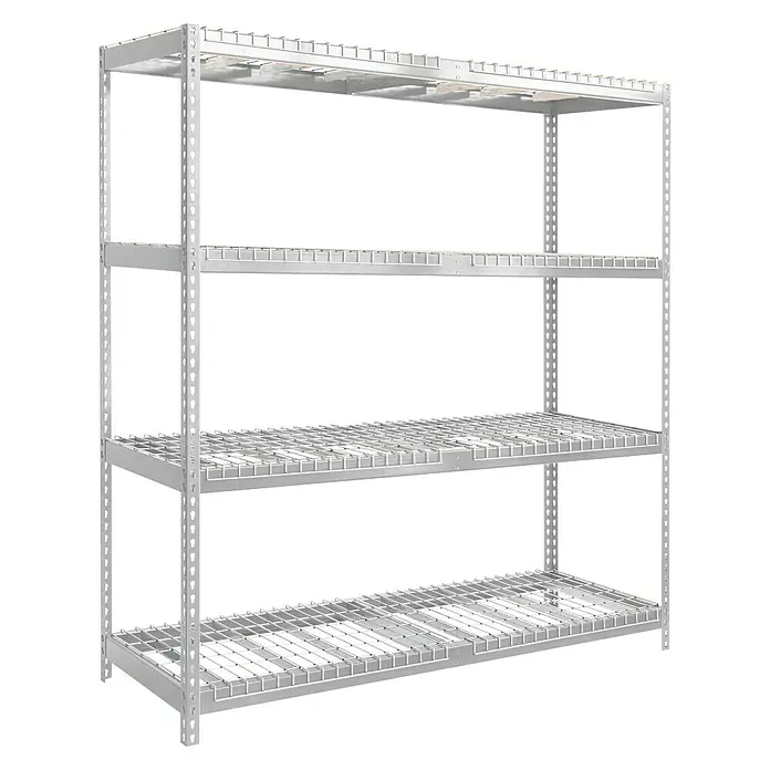 Simonrack Simontaller Schwerlastregal Ecoforte Rex - H x B x T: 200 x 180 x 60 cm, Traglast pro Boden: 400 kg, Anzahl Böden: 4 Stk., Stecken, Silber - Ein weißes Metallregal mit vier Ebenen vor einem schwarzen Hintergrund. Es ist stabil, robust und vielseitig einsetzbar.