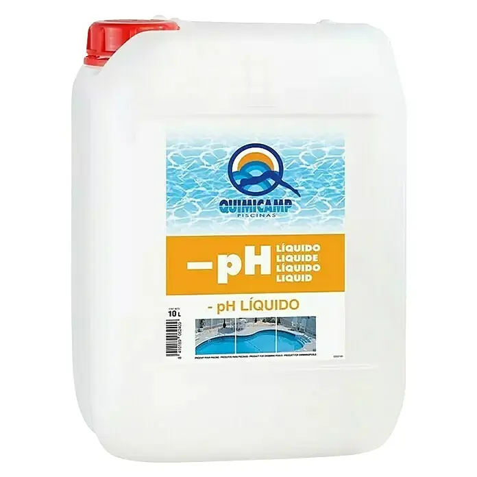 Quimicamp ph negativo líquido - 10 l - Bidón blanco con tapa roja etiquetado "Quimicamp Piscinas -pH Líquido", un producto para el cuidado del agua de la piscina.