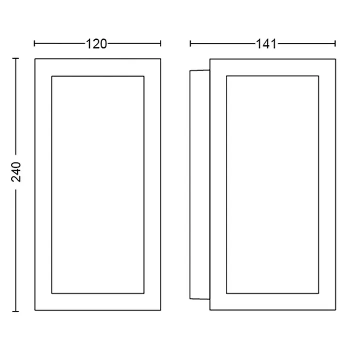Philips Hue LED-Außenwandleuchte Impress - 8 W, 14,1 x 12 x 24 cm, Schwarz, IP44 - Schematische Darstellung zweier rechteckiger Wandleuchten mit Maßangaben. Klare Linien und präzise Maße für Design und Planung.