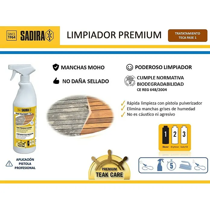 Sadira Limpiador de teca Fase 1 - 1 l - Imagen del limpiador de teca premium Sadira para limpiar y mantener superficies de teca, incluyendo instrucciones de uso y beneficios.