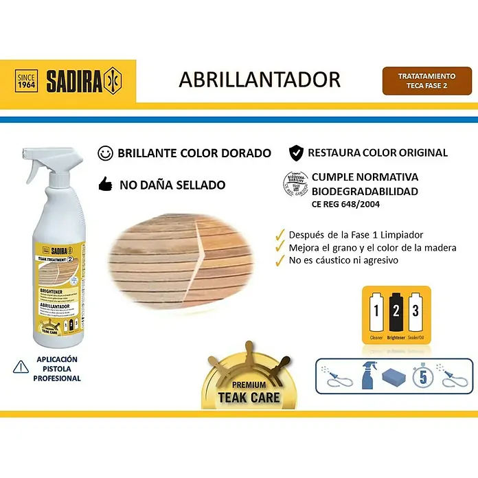 Sadira Abrillantador para madera de teca Fase 2 - 1 l - Imagen de una botella de SADIRA TEAK TREATMENT 2 BRIGHTENER, un abrillantador de madera para un color dorado brillante y protección de la superficie.