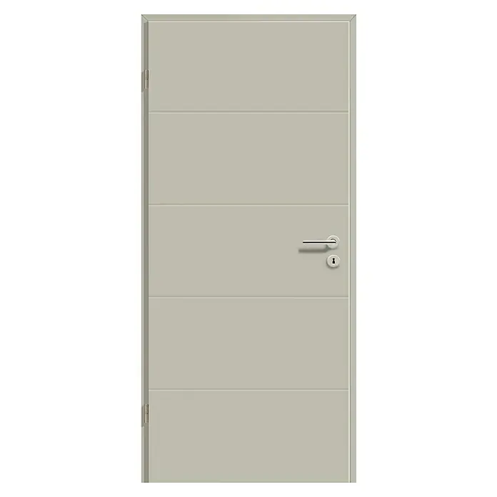 GetaDoor Lamineo Zimmertür GLN 440 - 735 x 1.985 mm, DIN Anschlag: Links, Seidengrau, Röhrenspan - Eine moderne, graue Innentür mit horizontalen Linien, einem silbernen Türgriff und einem Schlüsselloch für den stilvollen Innenausbau.