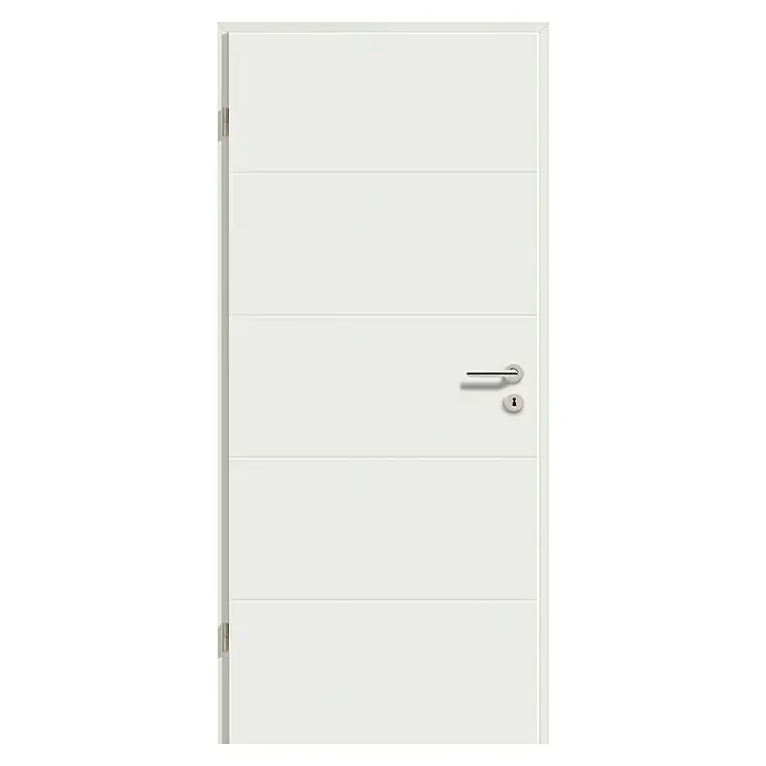 GetaDoor Lamineo Zimmertür GLN 224 - 735 x 1.985 mm, DIN Anschlag: Links, Signalweiß, Röhrenspan - Eine moderne, weiße Innentür mit horizontalen Zierleisten und einem eleganten Türgriff. Ideal für ein minimalistisches Design.