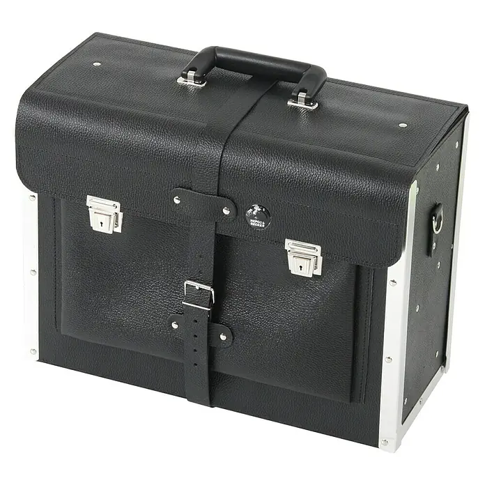 Hepco & Becker Werkzeugtasche Favorit 7123 - Innenmaß: B x T x H: 450 x 340 x 190 mm, Leder, Schwarz - Schwarze Ledertasche mit silbernen Beschlägen, ideal für professionelle Zwecke. Klassisches Design und robuste Ausführung.