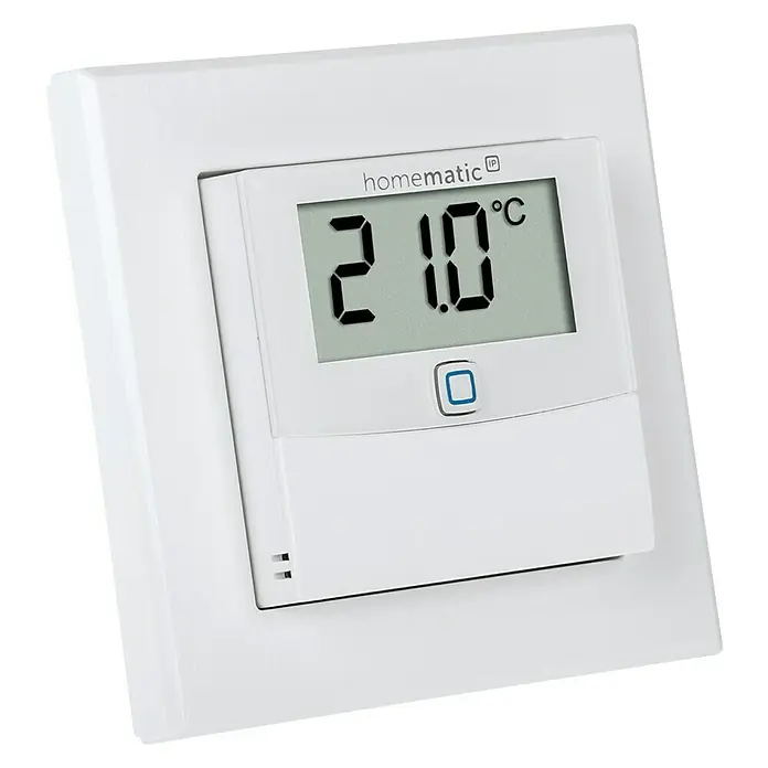Homematic IP Funk-Temperatursensor HmIP-STHD - Weiß, 25 x 86 x 86 mm, Batteriebetrieben, Display - Homematic IP Wandthermostat mit digitaler Anzeige von 21.0°C zur präzisen Temperaturregelung im smarten Zuhause.