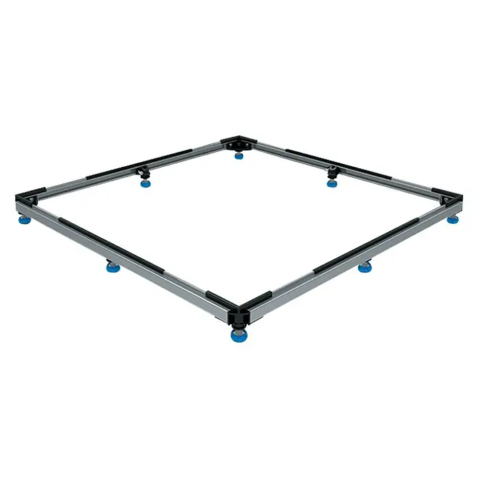 Kaldewei Duschwannen-Fußrahmen FR 5300 Flex - 120 x 120 cm - Metallrahmen mit blauen Füßen. Der Rahmen ist rechteckig und scheint für eine Art Montage geeignet zu sein, ideal für Ausstellungen.