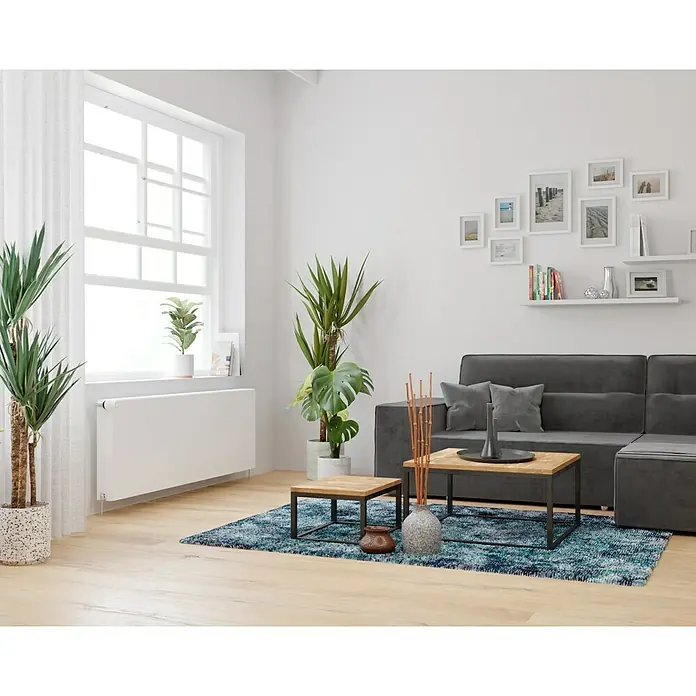 E.C.A. Planheizkörper - B x H: 1.600 x 550 mm, 2.494 W, 22 - Ein modernes Wohnzimmer mit einem grauen Sofa, zwei Couchtischen und Zimmerpflanzen, die eine entspannende Atmosphäre schaffen.