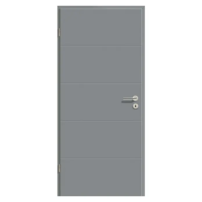 GetaDoor Lamineo Zimmertür GLN 747 - 860 x 1.985 mm, DIN Anschlag: Links, Staubgrau, Röhrenspan - Graue Tür mit horizontalen Paneelen, elegantem Griff und Schlüsselloch. Ideal für moderne Innenräume mit Stil und Sicherheit.