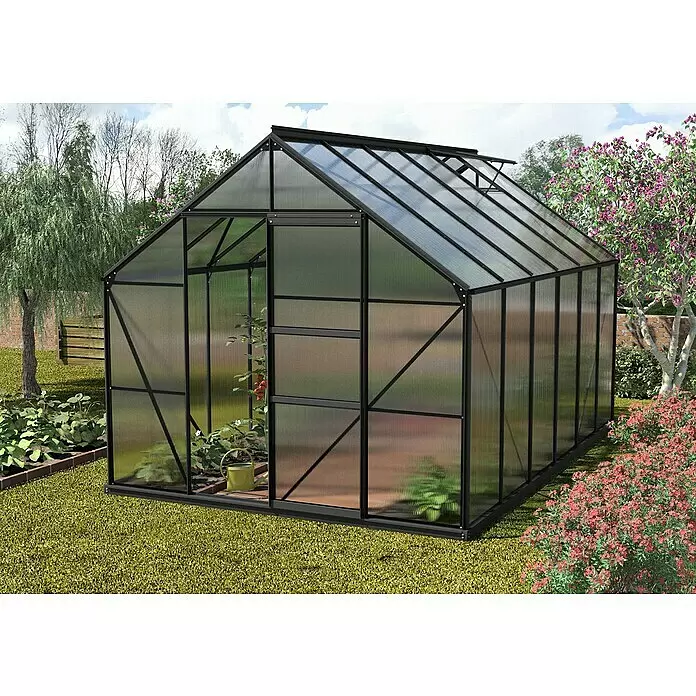 Vitavia Gewächshaus Merkur 9900 Plus - Außenmaß inkl. Dachüberstand (B x T): 257 x 383 cm, 6 mm, Schwarz - Stimmungsaufnahme