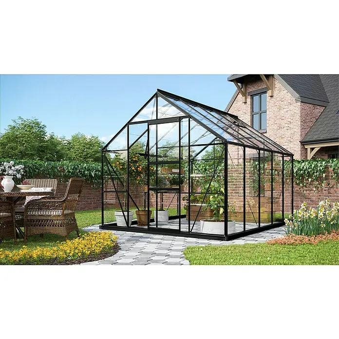 Vitavia Gewächshaus Merkur 8300 Plus - Außenmaß inkl. Dachüberstand (B x T): 257 x 321 cm, 3 mm, Schwarz - Gewächshaus mit Glaswänden und Pflanzen im Garten, das ideale Zuhause für Ihre grünen Schätze, bietet Schutz und fördert das Wachstum.