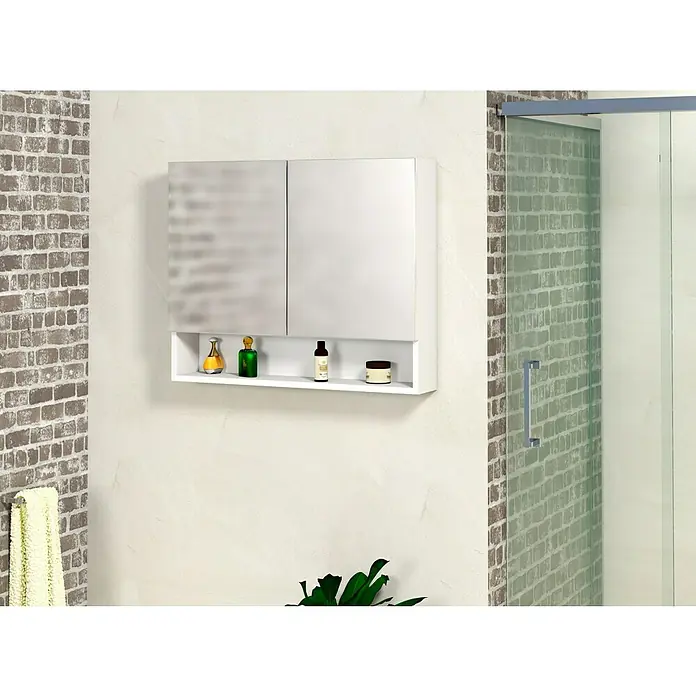 Artysan Armario con espejo Abi 2P - An x Al: 80 x 65 cm, Plástico, Blanco - Un espejo de baño blanco con un estante debajo ofrece un almacenamiento práctico para cosméticos y accesorios de baño.