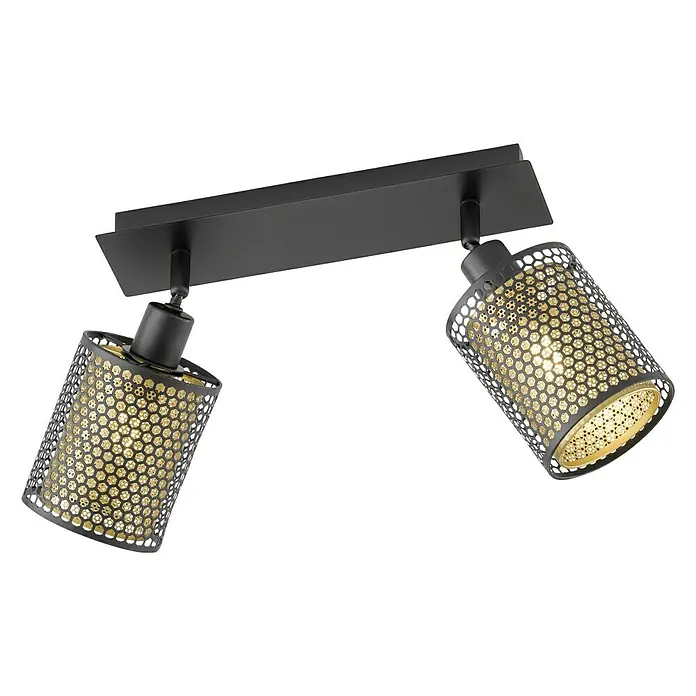 WOFI Cheval Deckenstrahler - 56 W, L x B x H: 30 x 10 x 21 cm, Schwarz/Gold, E14, 2 Stk. - Nahaufnahme einer schwarzen Deckenleuchte mit zwei goldenen Lampenschirmen mit sechseckigen Aussparungen.