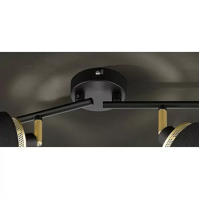 WOFI Grove Wandstrahler - 112 W, L x B x H: 85 x 10 x 21,5 cm, Schwarz/Gold, E14, 4 Stk. - Schwarze Deckenleuchte mit rundem Sockel, schwarzen Metallarmen und goldperforierten schwarzen Schirmen.