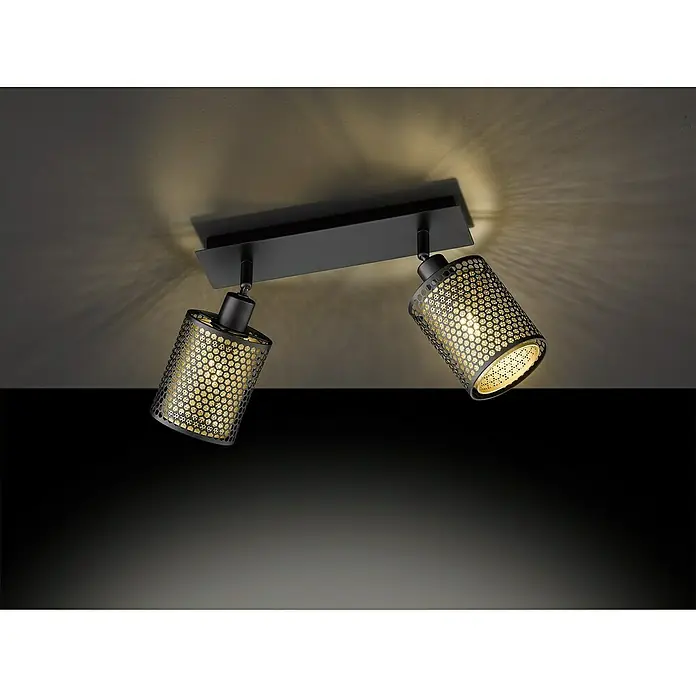 WOFI Cheval Deckenstrahler - 56 W, L x B x H: 30 x 10 x 21 cm, Schwarz/Gold, E14, 2 Stk. - Moderne Deckenleuchte in Schwarz mit dekorativen Lichteffekten. Die Leuchte verfügt über zwei verstellbare Spots mit einem filigranen Muster.