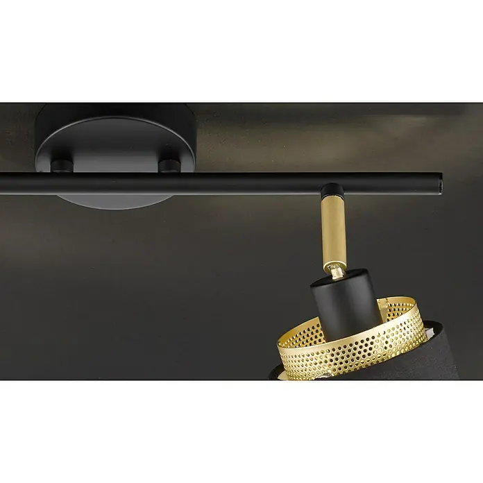 WOFI Grove Wandstrahler - 56 W, L x B x H: 48 x 10 x 21 cm, Schwarz/Gold, E14, 2 Stk. - Nahaufnahme einer modernen Deckenleuchte mit schwarzen und goldenen Akzenten, die ein stilvolles Designelement hervorhebt.