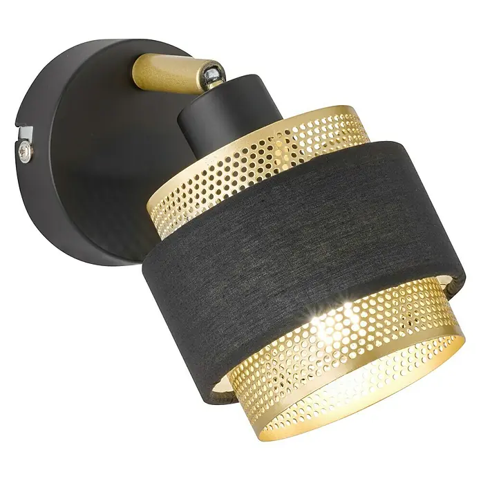 WOFI Grove Wandstrahler - 28 W, L x B x H: 10 x 18,5 x 13 cm, Schwarz/Gold, E14, 1 Stk. - Nahaufnahme einer stilvollen Wandleuchte in Schwarz und Gold. Ein dekoratives Beleuchtungselement für moderne Innenräume.