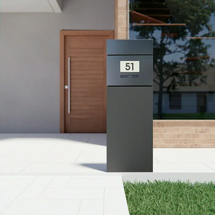 Portaferm Standbriefkasten Maximus - L x B x H: 14 x 39,5 x 115 cm, Anthrazit, Stahl, Hausnummernfeld - Elegantes Briefkastensystem in Anthrazit mit Hausnummer 51, perfekt für moderne Hauseingänge. Hochwertig und funktional.