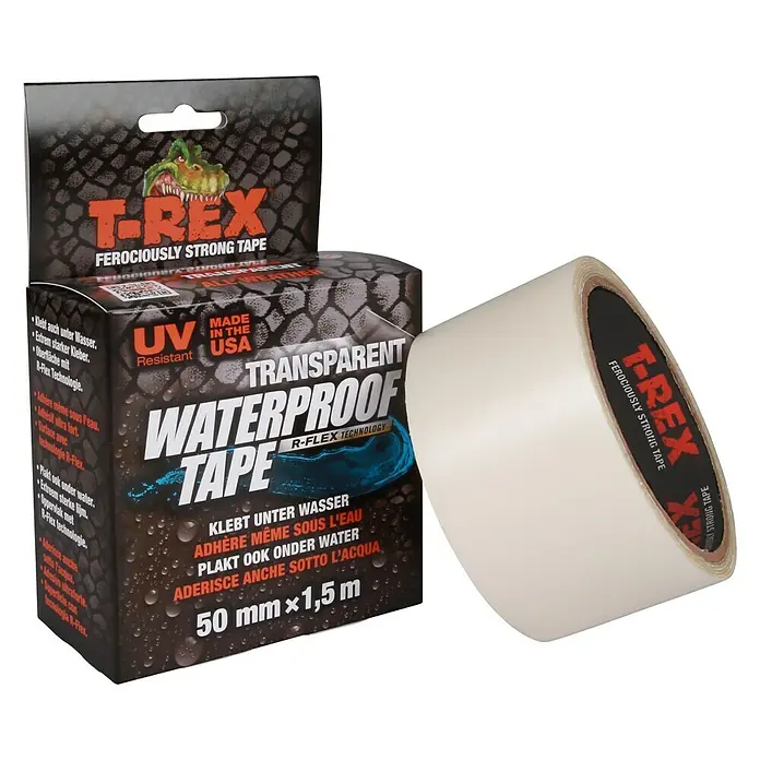 T-Rex Reparaturband Waterproof Tape - Transparent, 1,5 m x 50 mm - T-Rex Transparentes, wasserfestes Klebeband in der Verpackung und als Rolle.