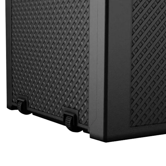 Keter Arcón para cojines de exterior Emily - 117,8 x 44,6 x 58 cm, Plástico, Gris - Primer plano de una caja de jardín negra texturizada que muestra su diseño robusto y características funcionales.