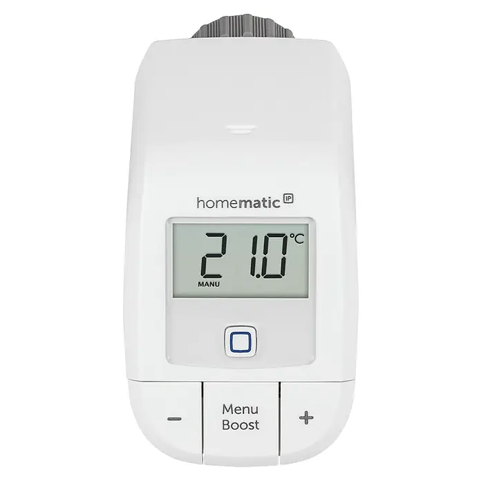 Homematic IP Heizkörper-Thermostat HmIP-eTRV-B-2 - M30 x 1,5 mm, Batteriebetrieben, 102 x 57 x 68 mm, Weiß, 1 Stk. - Homematic IP Heizkörperthermostat mit Display, das die aktuelle Temperatur von 21.0 °C anzeigt. Mit Tasten zur Steuerung der Temperatur.
