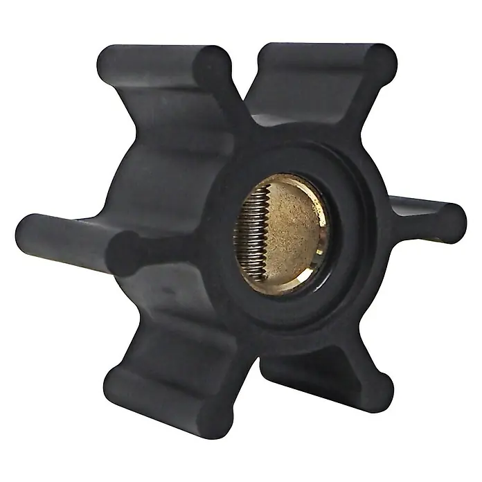 Albin Pump Impeller PN 06-01-005 - Ø x L: 51 x 22 mm, Wellendurchmesser: 12 mm - Schwarzes Pumpenrad mit sechs Flügeln und goldener Nabe für effiziente Flüssigkeitsförderung in verschiedenen Anwendungen.