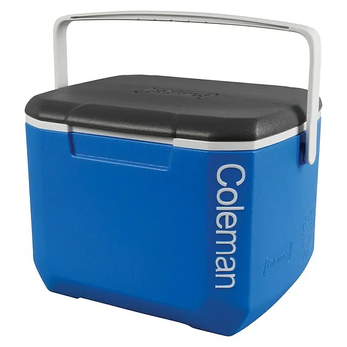 Coleman Nevera de camping 16QT - L x An x Al: 31 x 39 x 27 cm, Azul, 15 l, Asa de transporte ergonómica - Nevera azul Coleman con tapa negra y asa blanca, perfecta para picnics y camping, mantiene las bebidas y la comida frías.