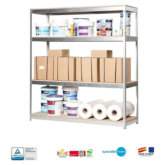 Simonrack Simontaller Estantería para cargas pesadas Chipboard - Al x An x Pr: 200 x 180 x 45 cm, Capacidad de carga por balda: 400 kg, Número de baldas: 4 ud., Inserción, Galvanizado - Estantería con cubos de pintura, cajas y rollos, ideal para almacenamiento. Esta robusta estantería ofrece un amplio espacio para taller y bodega.