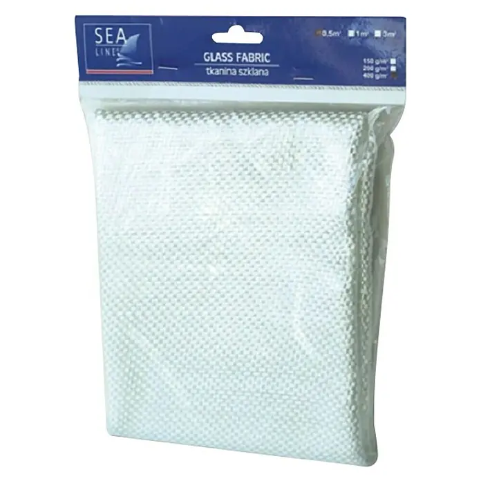 Glasgewebe - 1 m², Flächengewicht: 400 g/m² - Nahaufnahme einer verpackten Glasfasermatte von Sea Line, ideal für Reparaturen und Verstärkungen im Bootsbau oder anderen Anwendungen.