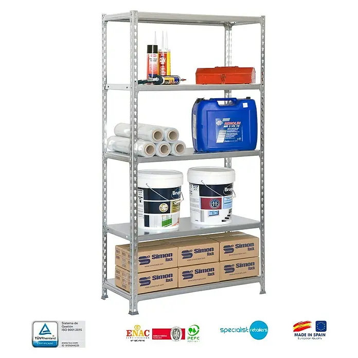 Simonrack Simonclick Estantería metálica Mini - Al x An x Pr: 180 x 80 x 40 cm, Capacidad de carga por balda: 180 kg, Número de baldas: 5 ud., Inserción, Galvanizado - Fotografía de producto de una estantería metálica plateada con cinco estantes, llena de artículos de almacenamiento.