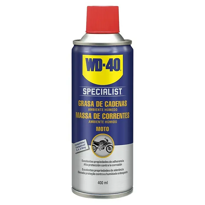 WD-40 Specialist Motorbike Grasa para cadena - 400 ml - Lubricante de cadena WD-40 Specialist para motocicletas. Ofrece excelente protección y adherencia en ambientes húmedos, ideal para cadenas de moto.