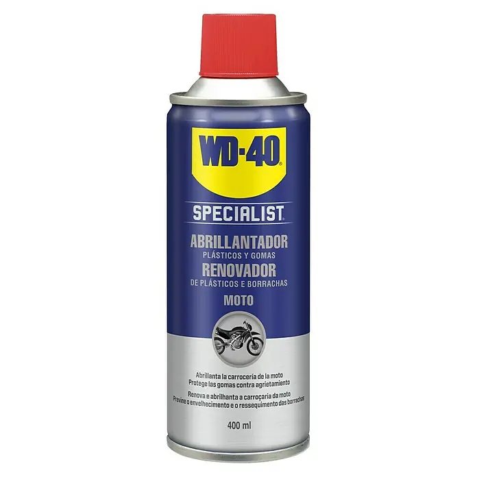 WD-40 Limpiador abrillantador de silicona - 400 ml - WD-40 Specialist Moto Spray brillo para el cuidado de plásticos y goma, para carenados y neumáticos de moto, 400 ml.