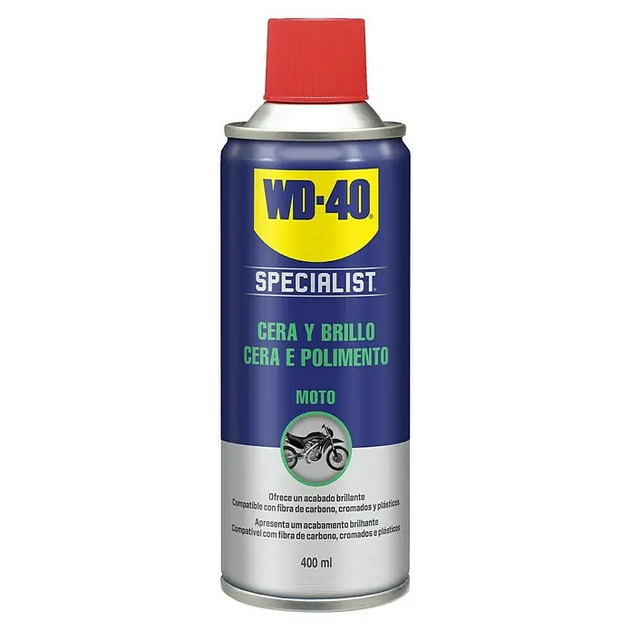 WD-40 Specialist Motorbike Cera para pulir - 400 ml - Bote WD-40 Specialist Cera y Brillo Moto: Ofrece un acabado brillante para motos, compatible con fibra de carbono, cromados y plásticos.
