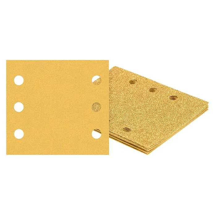 Bosch Expert Schleifblätter C470Körnung: 120, 115 x 107 mm, 10 Stk. - Nahaufnahme von Schleifpapierbögen mit Löchern, ideal für Schleifmaschinen. Perfekt für Holzbearbeitung und Heimwerkerprojekte.