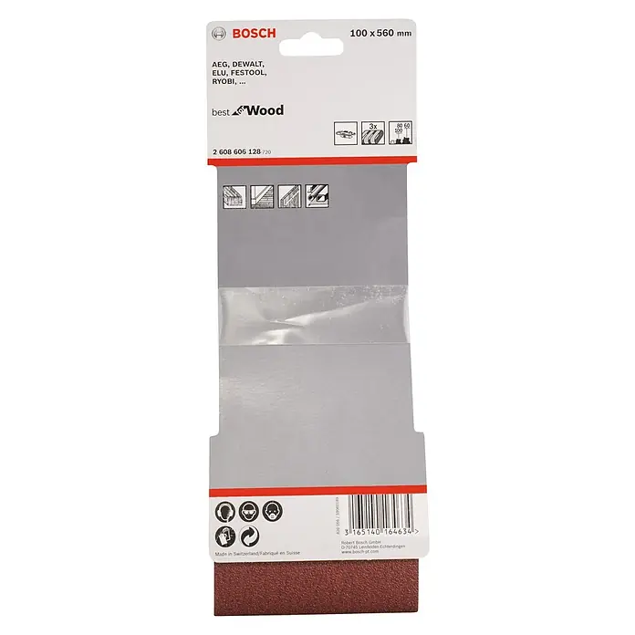 Bosch Set de bandas de lija X440 Best for Wood and Paint - An x L: 100 x 560 mm, Grano: 60 mm - 100 mm, 3 ud. - Banda de lija Bosch para madera, 100x560 mm, compatible con AEG, DeWalt, Elu, Festool, Ryobi. Ideal para un lijado preciso.